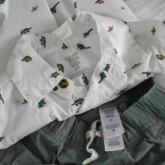 Carter's boy toddler dinosaur button up shirt shorts set green size 2T - Picture 3 of 4